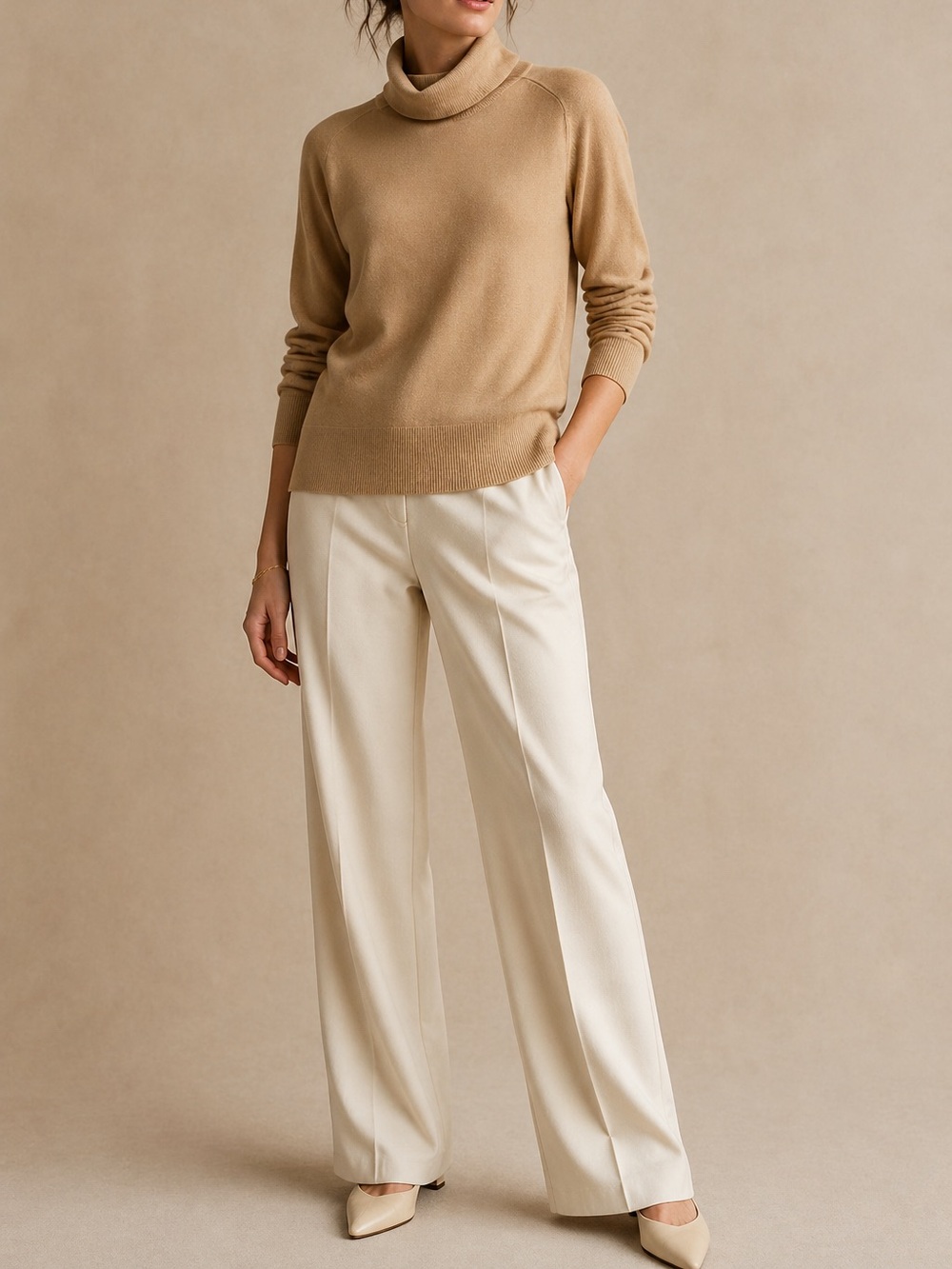 Neiman Marcus Silk Blend Minimalist Tan Rib Cowl Turtleneck Sweater XL Neutral